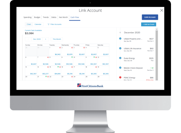 computer monitor displaying a Metropolitan Commercial Trust Bank cash flow calendar