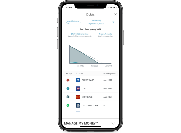 mobile phone displaying Manage My Money Debt application and graph