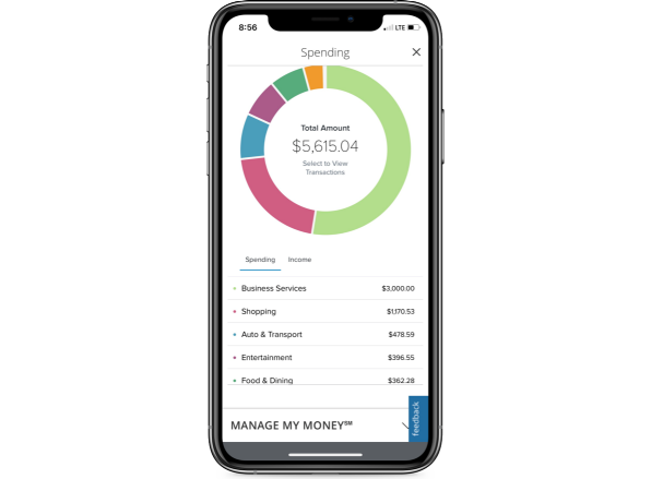 mobile phone displaying Metropolitan Commercial Trust Bank Manage My Money spending circle graph