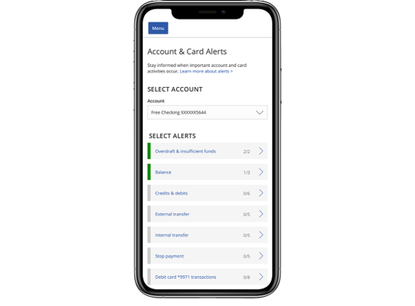 mobile phone displaying Ally Private Wealth Account and Card Alerts selection options