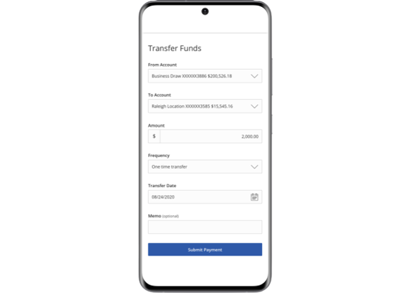 mobile phone displaying Metropolitan Commercial Trust Bank Transfer Funds form