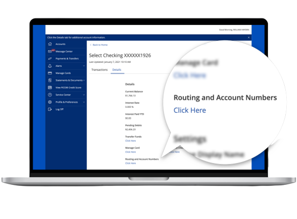 Ally Private Wealth Digital Banking dashboard displaying where routing and account numbers can be accessed by pressing the Click Here link under the Routing and Account Numbers section, within the Details tab